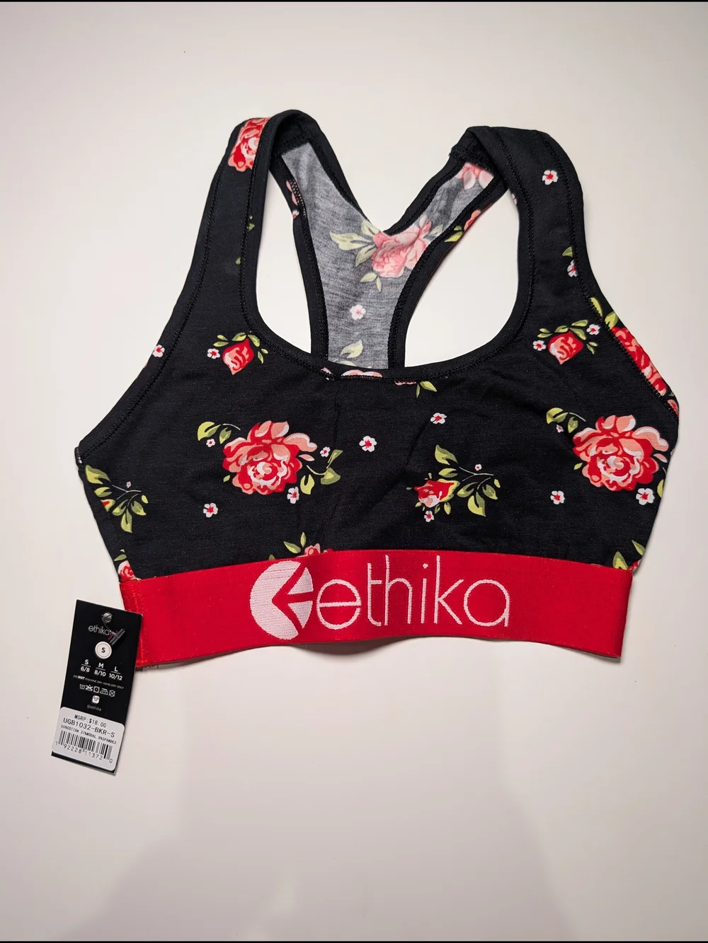 ethika Black Floral Racerback Sports Bra with Red Band